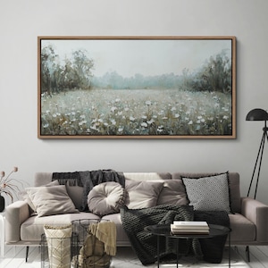 Large Rustic Floral Meadow Art Print, Framed Canvas Wildflower Landscape Oil Painting, Nature Botanical Artwork, Farmhouse Home Decor