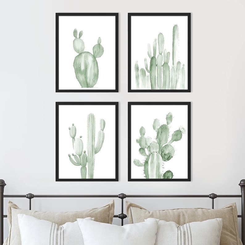 Set of 4 Framed Prints Wall Art Set, Green Southwest Desert Cactus Prins, Floral Botanical Prints, Minimalist Modern Art, Western Decor Black