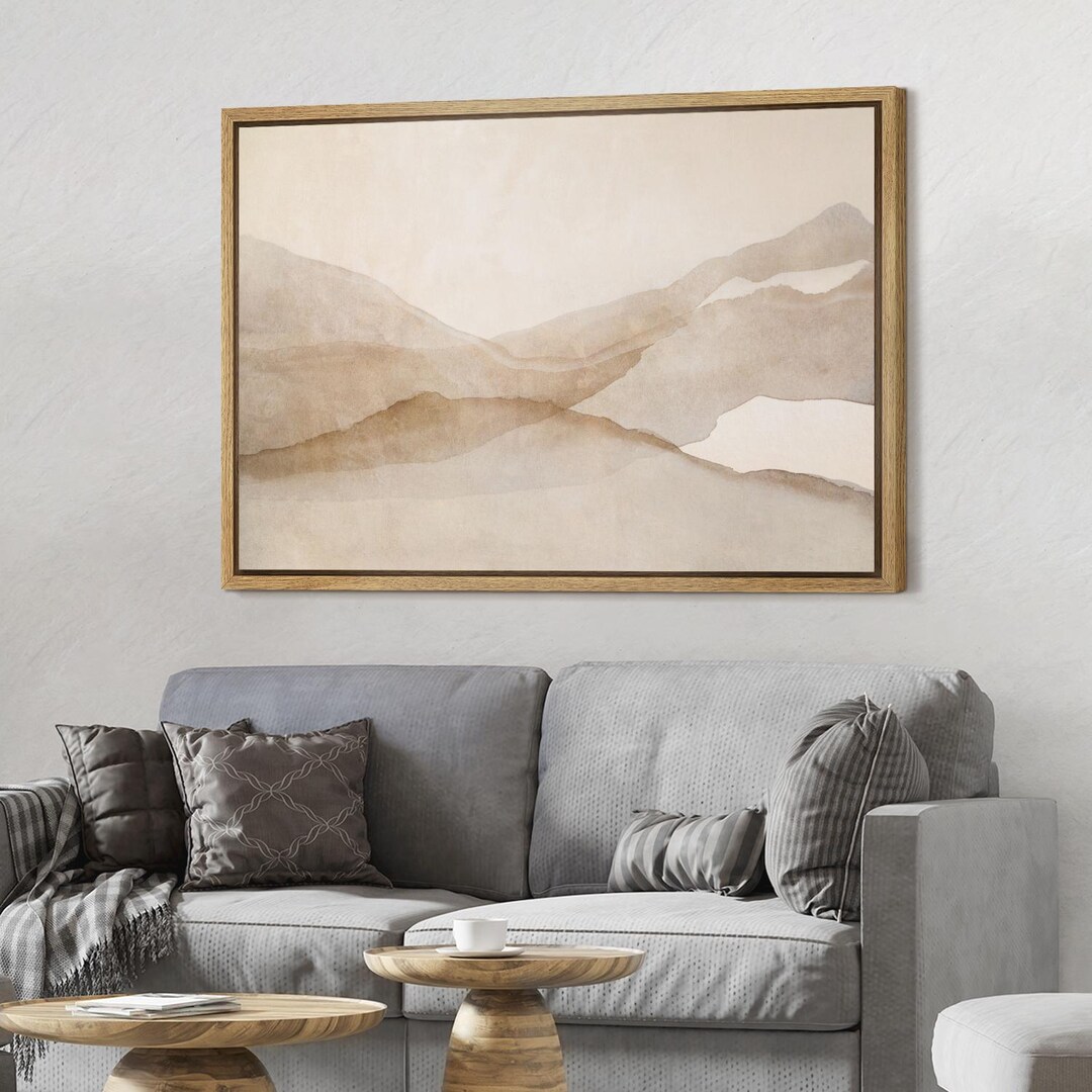 Framed Neutral Abstract Landscape Wall Art, Minimalist Beige Mountain ...