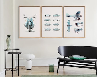 Framed Canvas Wall Art Set 3 Light Blue Airplane, Car and Motor Art Prints Minimalist Modern Art Travel Kid's Nursery Decor Boy's Room Decor