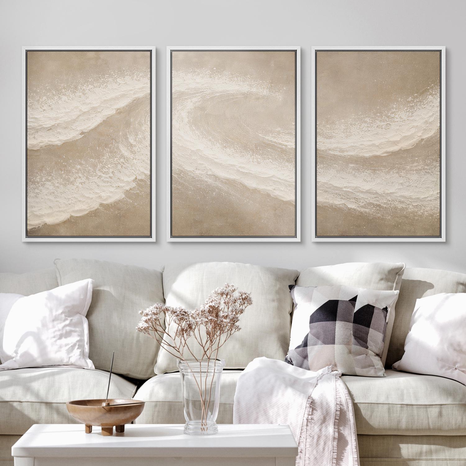 Framed Neutral Abstract Wave Wall Art Set of 3, Minimal Coastal Canvas ...