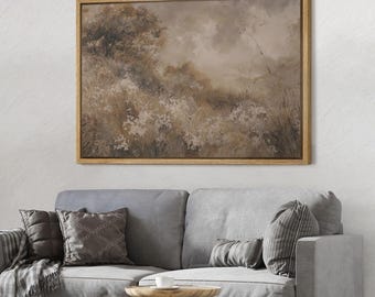 Framed Neutral Meadow Landscape Wall Art, Warm Countryside Hillside with Wildflowers Canvas Print, Soft Nature Artwork for Bedroom Decor