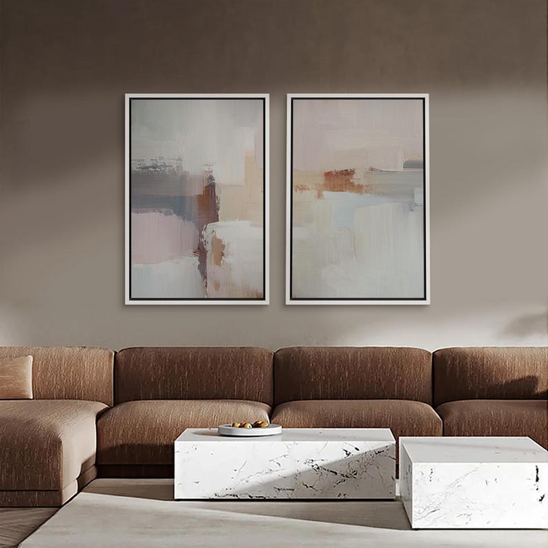 Framed Neutral Abstract Wall Art Set of 2, Soft Beige Minimalist Canvas ...