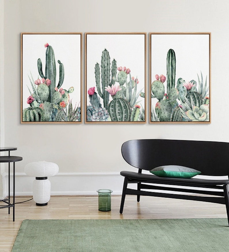 3 Piece Framed Canvas Wall Art Set, Southwest Blooming Cactus Prints, Floral Botanical Art Prints, Minimalist Modern Art, Western Decor 3 piece set