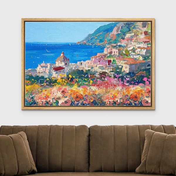 Framed Canvas Wall Art Bright Colorful Italy Oceanside Village Wall Decor Wildflower Nature Coastal Painting Print Modern Boho Wall Decor