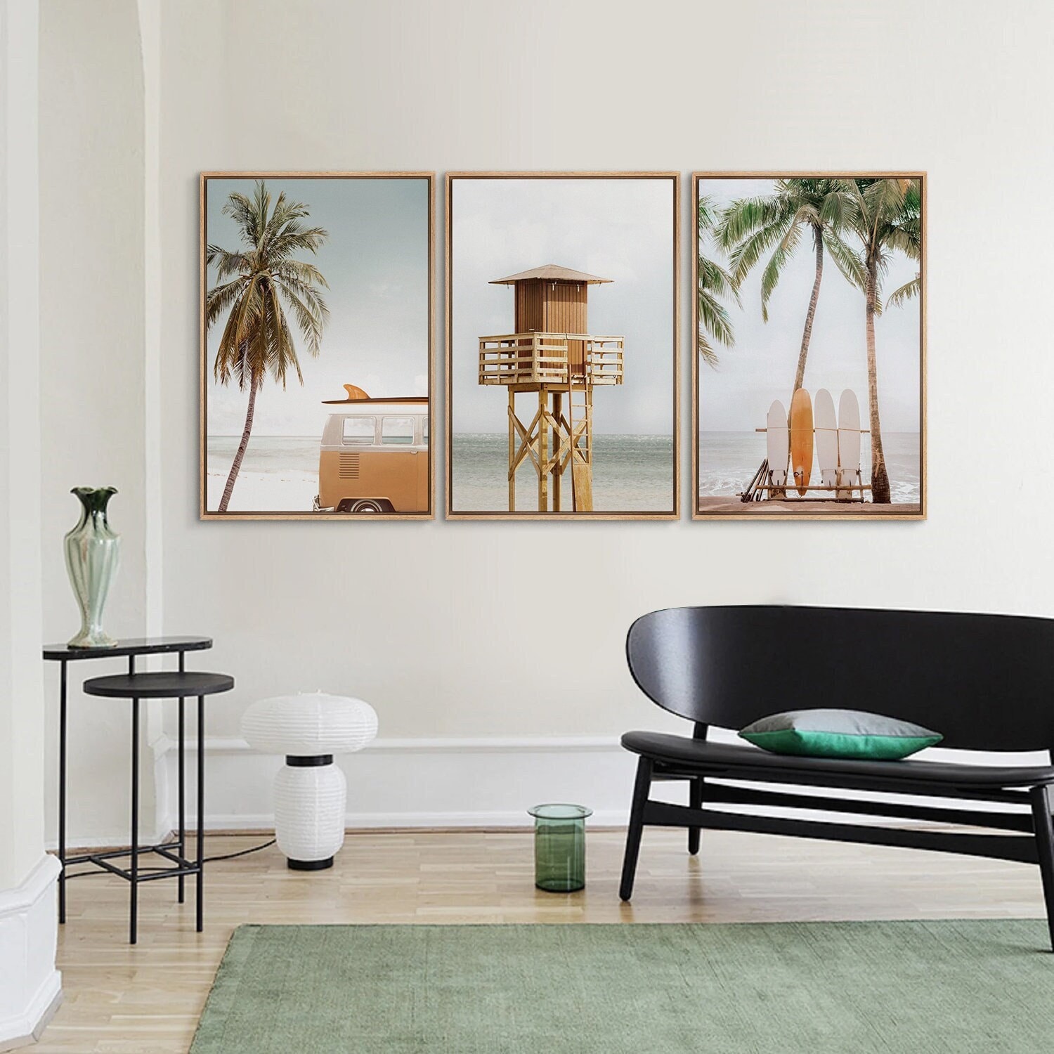 Framed Canvas Wall Art Set of 3 Tropical Palm Tree Beach Lifeguard Pier ...