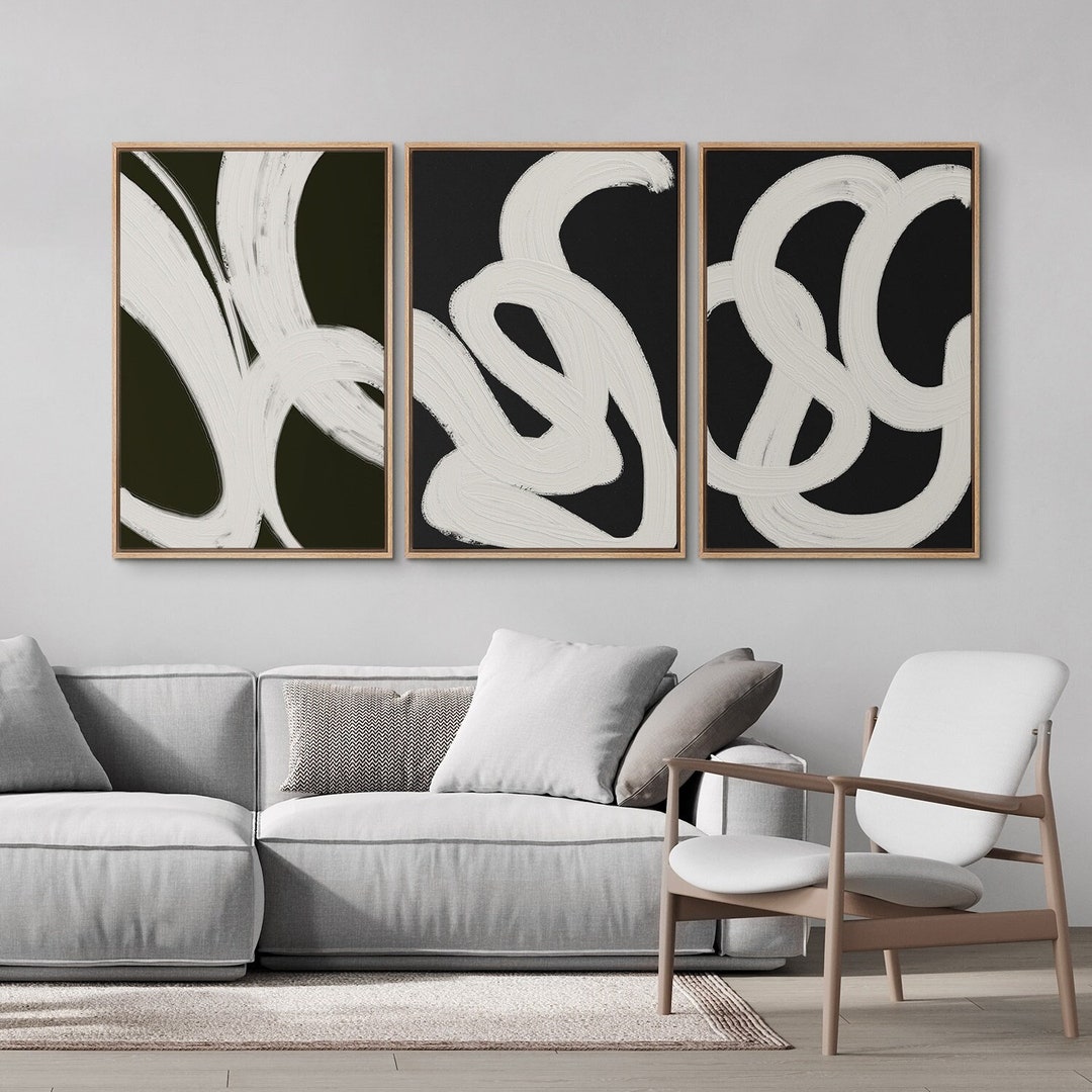 3 Piece Framed Canvas Wall Art Set, Abstract Line Art Prints, Black and