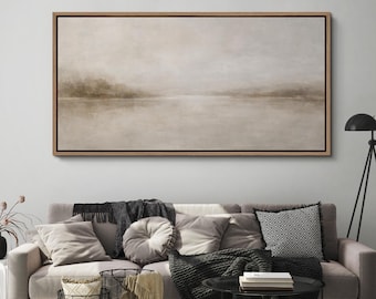 Large Framed Abstract Neutral Landscape Wall Art, Misty River Minimal Canvas Print, Calm Nature Artwork for Bedroom Decor