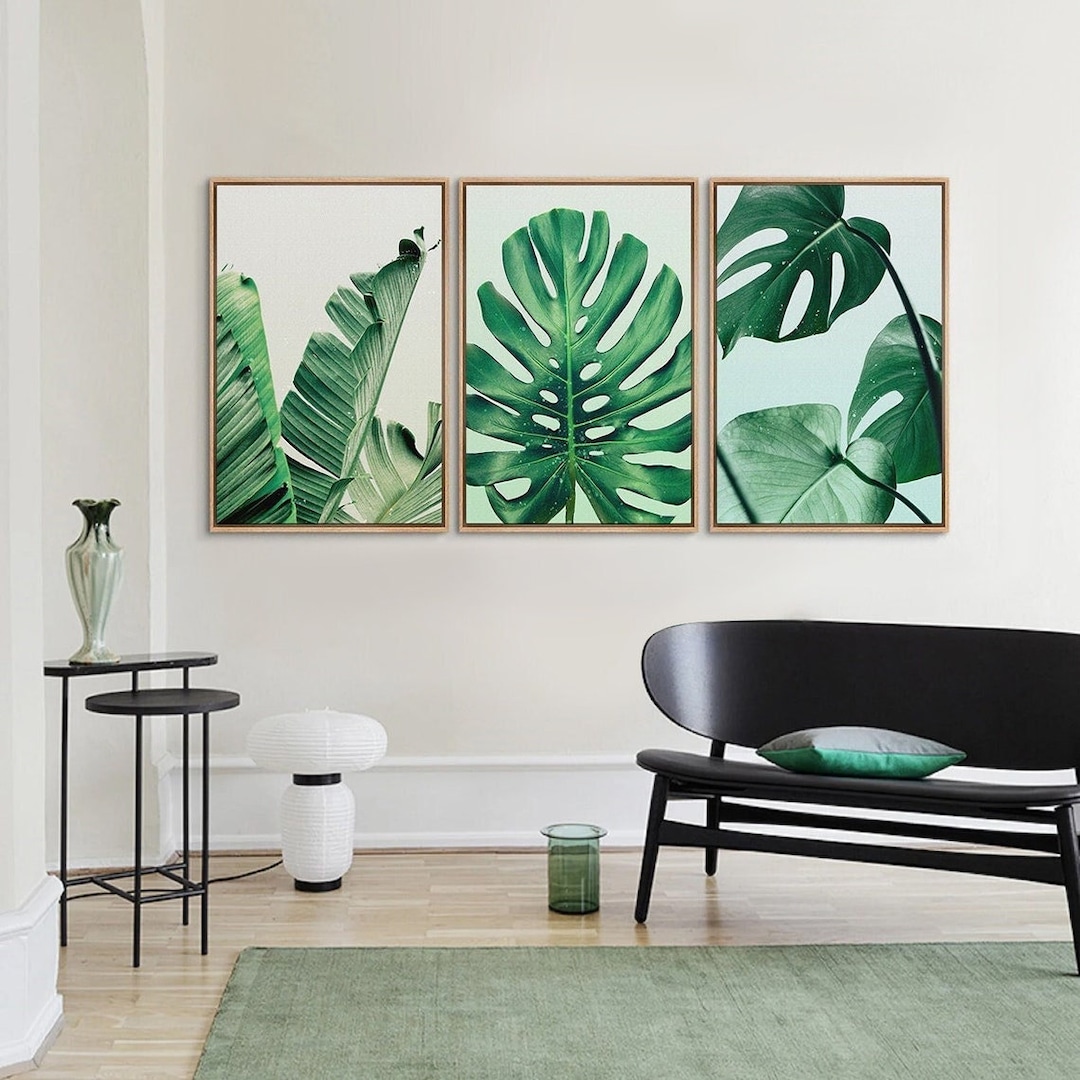 3 Piece Framed Canvas Wall Art Set, Green Tropical Jungle Leaf Prints ...