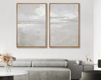 Abstract Seascape Wall Art - Set of 2 Framed Minimalist Coastal Canvas Prints, Neutral Horizon Paintings for Beach or Modern Home Decor