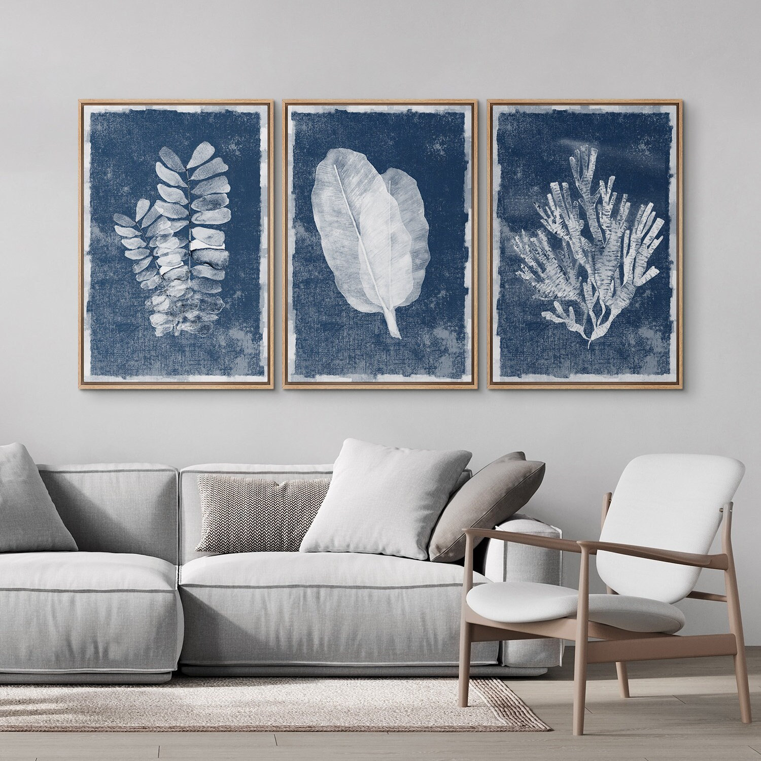 3 Piece Framed Canvas Wall Art Set Navy Blue Tropical Leaves Coastal ...
