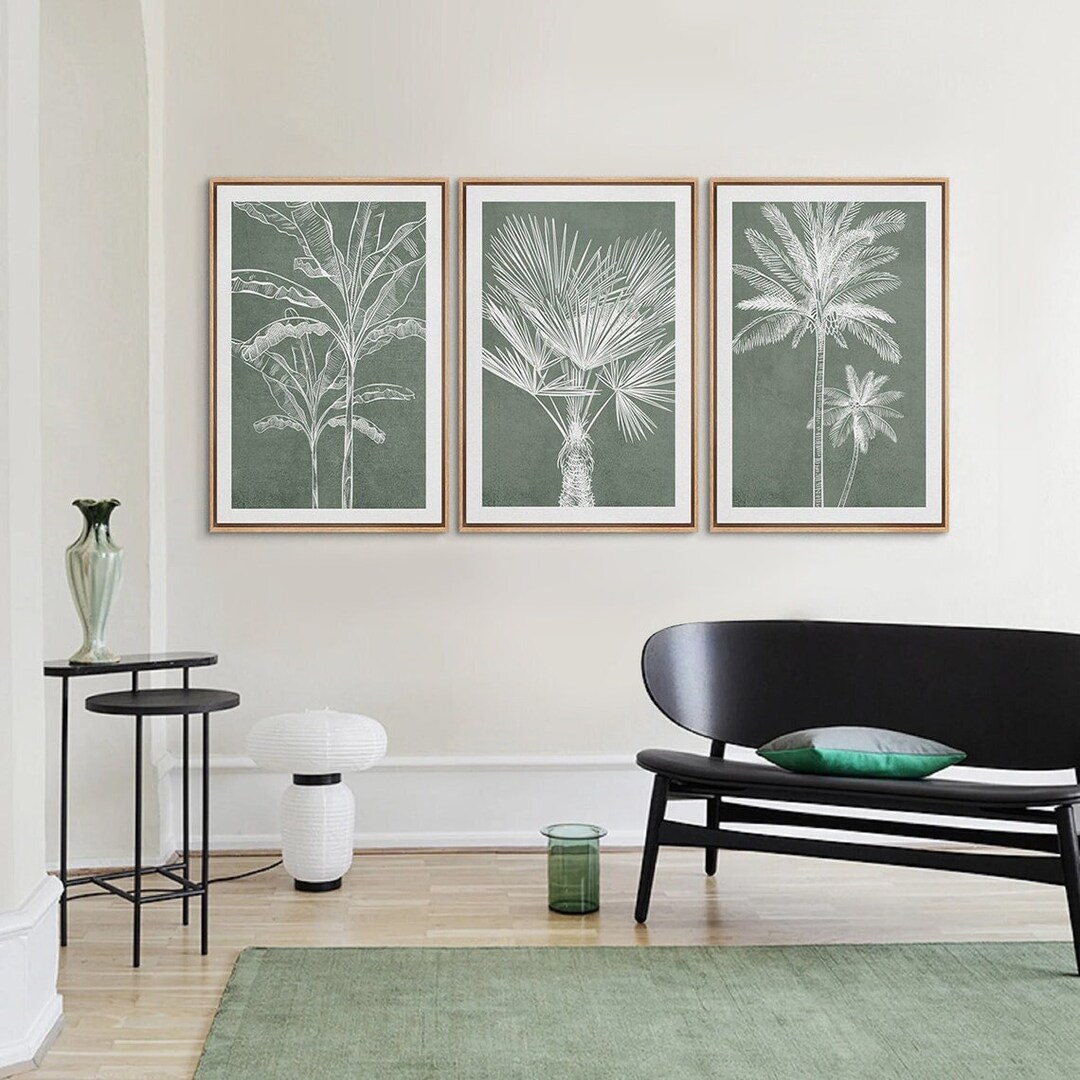 Framed Canvas Print Wall Art Set of 3 Tropical Palm Tree Banana Leaf ...