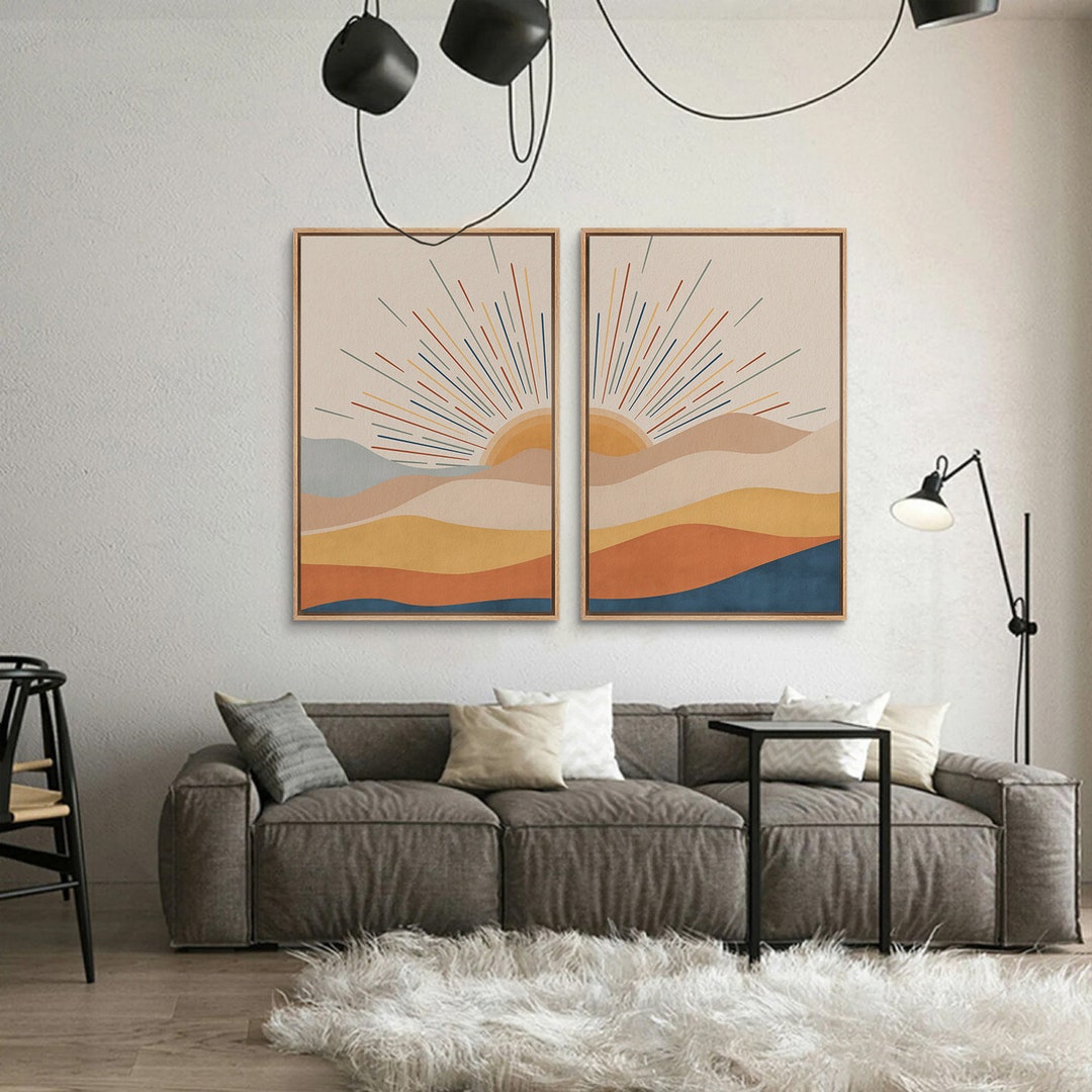 Framed Canvas Wall Art Set of 2 Mountain Range Top Sun Print Abstract ...