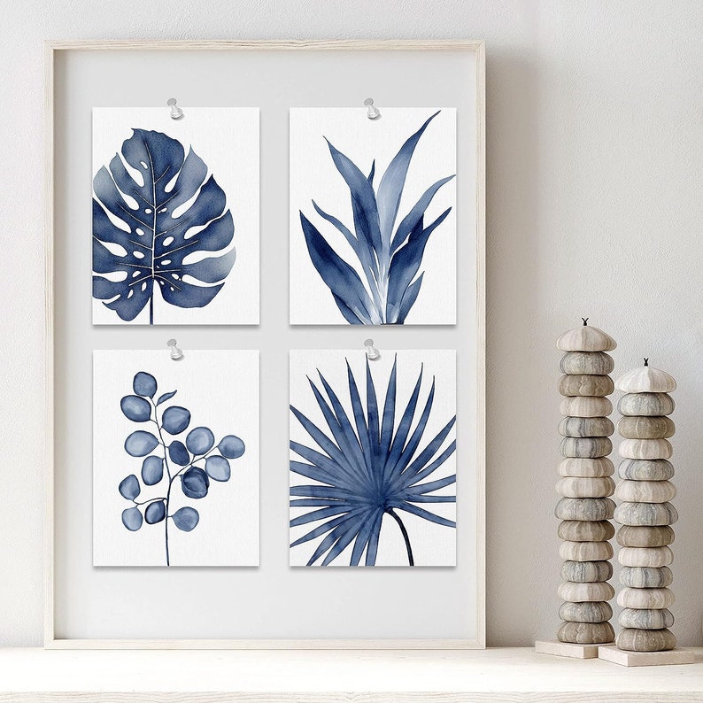 Set of 4 Framed Prints Wall Art Set, Navy Blue Leaves Prints, Floral ...