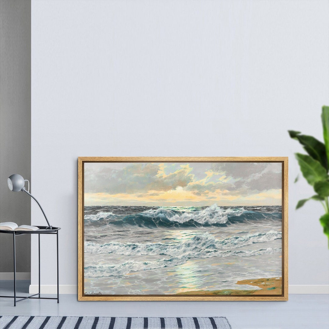 Framed Canvas Wall Art Blue Green Ocean Shore Sea Waves on Beach ...
