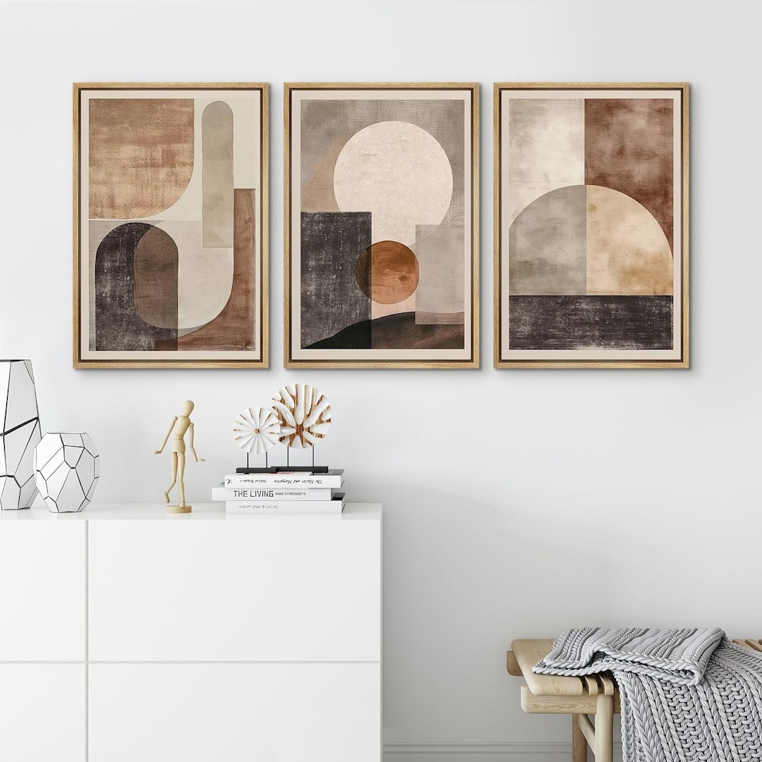 3 Pieces Framed Canvas Wall Art Prints Abstract Beige Brown Geometric ...