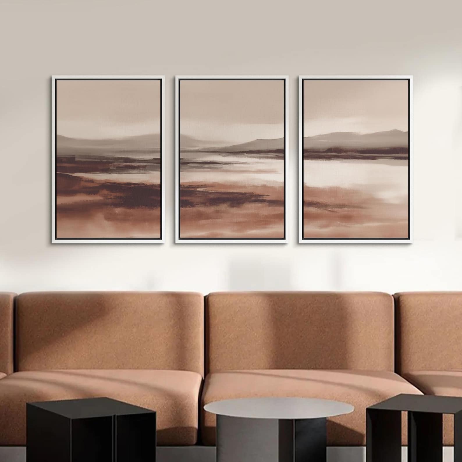 Minimalist Warm Abstract Landscape Wall Art, Large Framed Neutral Beige ...