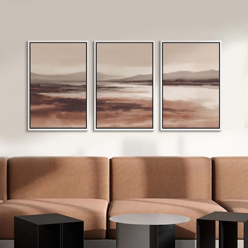 Minimalist Warm Abstract Landscape Wall Art, Large Framed Neutral Beige ...