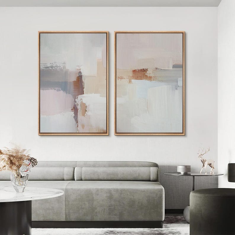 Framed Neutral Abstract Wall Art Set of 2, Soft Beige Minimalist Canvas ...