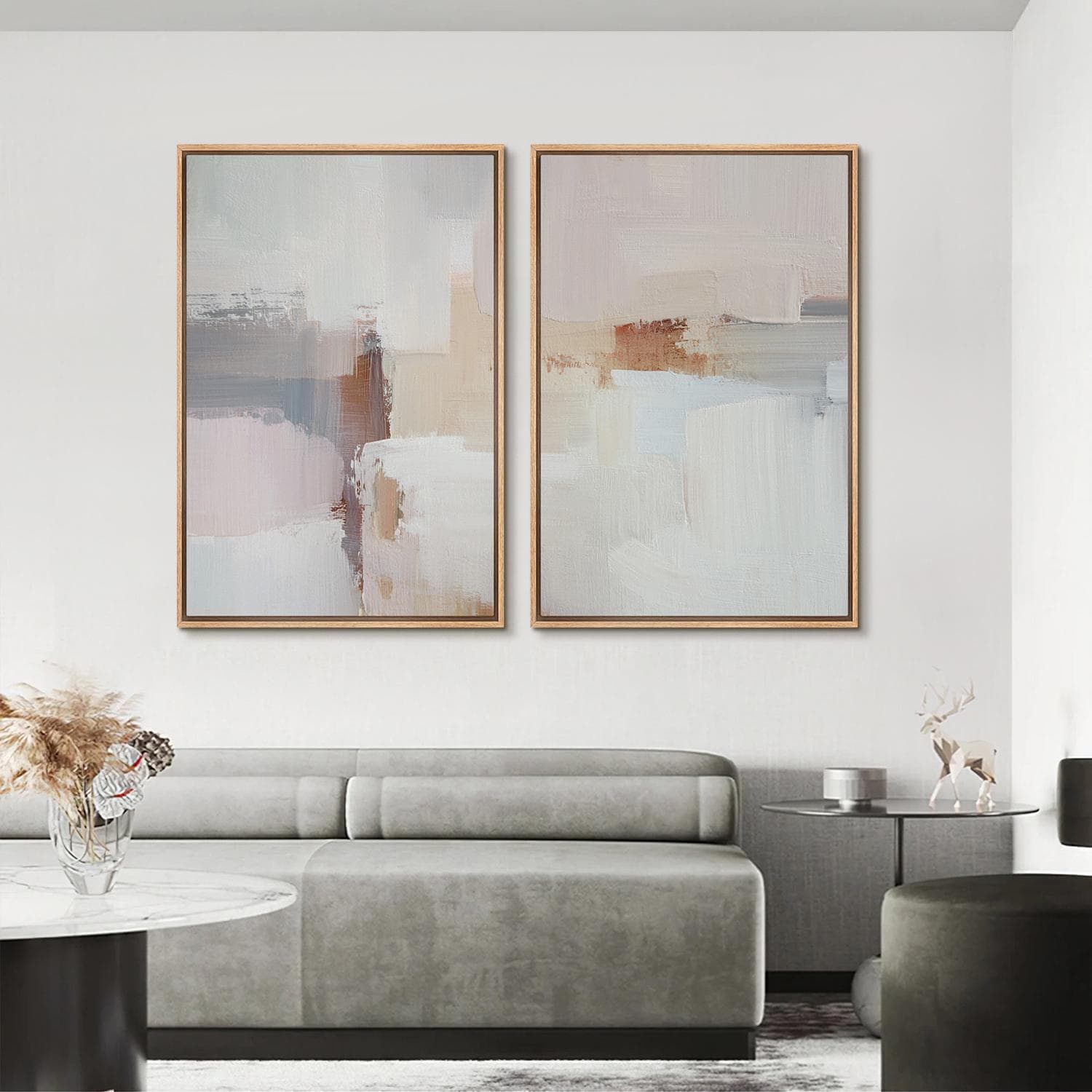Framed Neutral Abstract Wall Art Set of 2, Soft Beige Minimalist Canvas ...