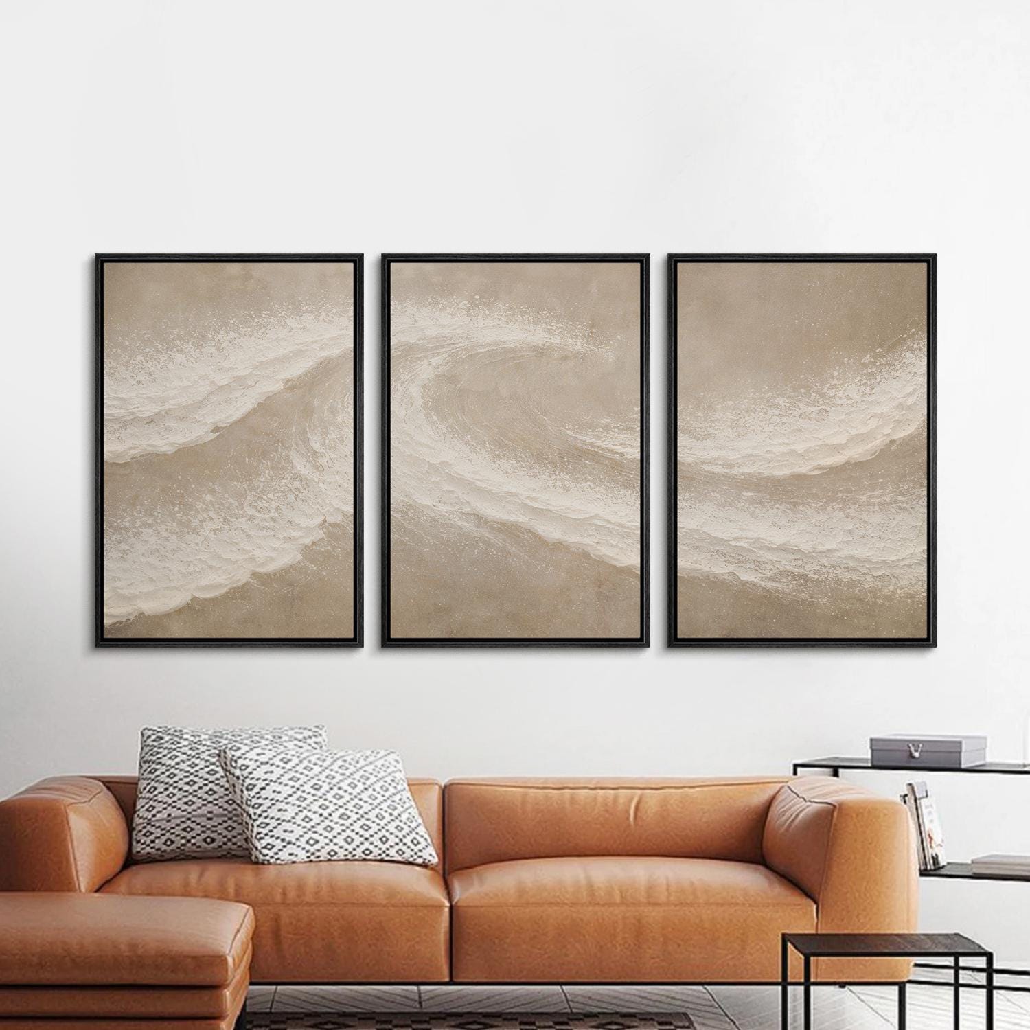Framed Neutral Abstract Wave Wall Art Set of 3, Minimal Coastal Canvas ...