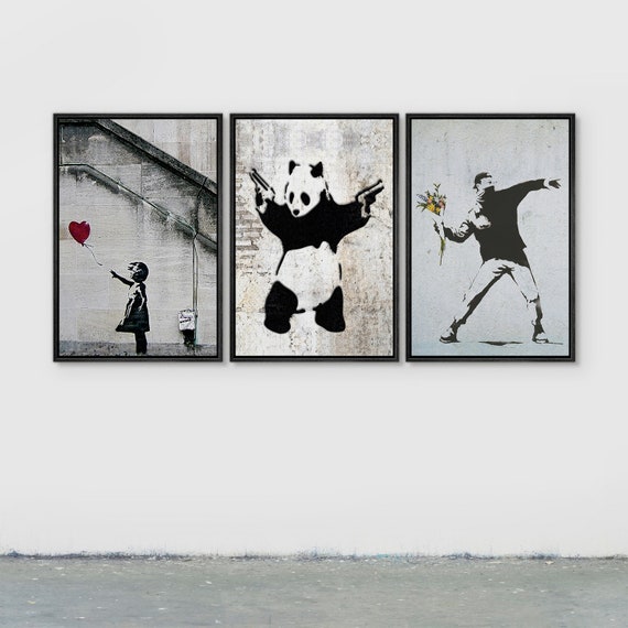 3 Piece Framed Canvas Wall Art Set, Banksy Art Prints, Graffiti