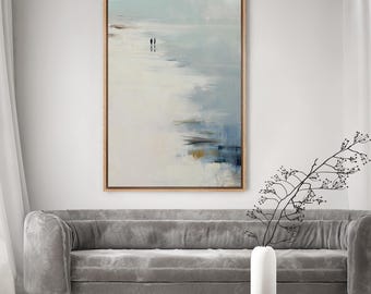 Minimalist Coastal Wall Art - Framed Ocean Shoreline Canvas Print, Abstract Beach with Two Figures, Serene Decor for Bedroom or Living Room
