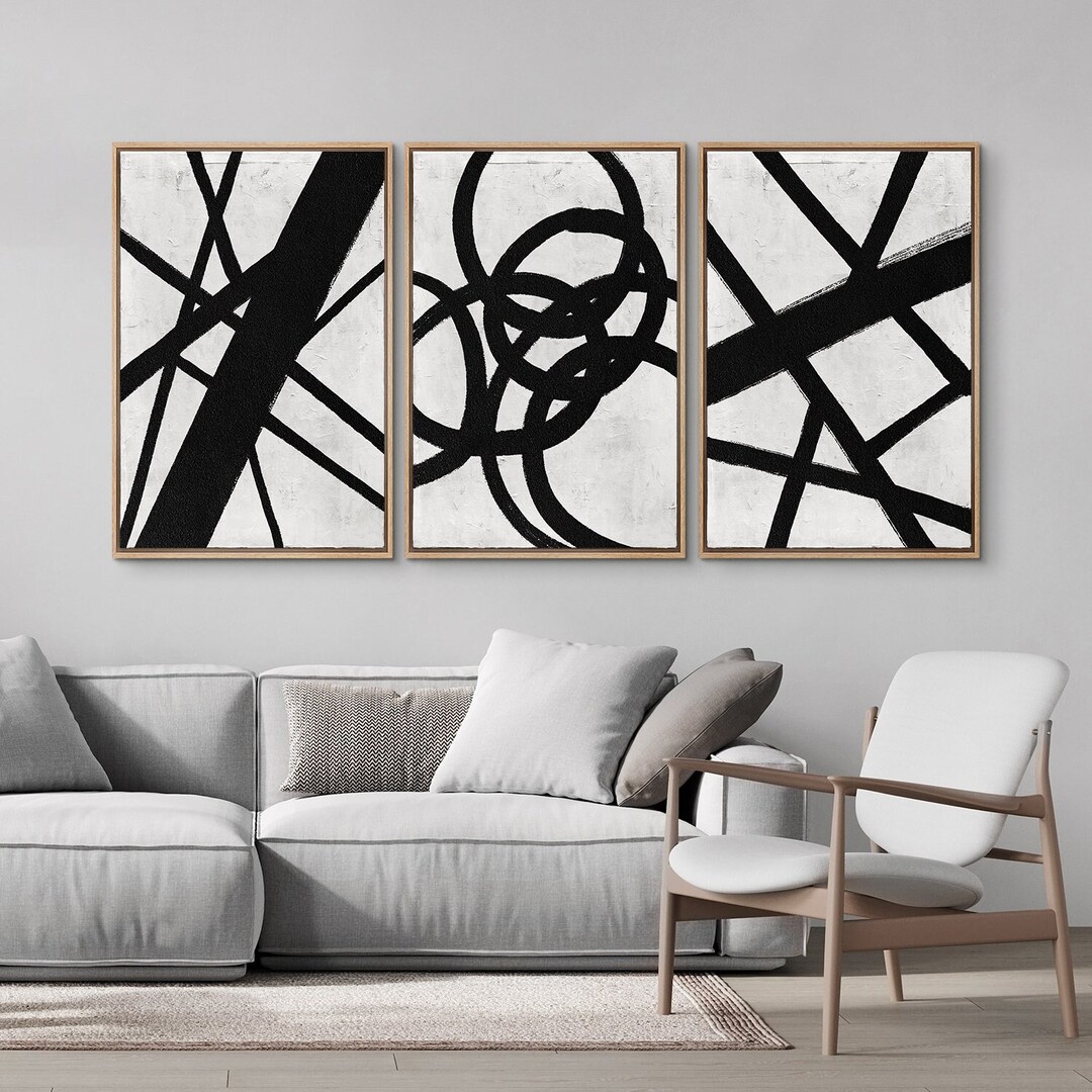 Framed Canvas Wall Art Set, Black and White Line Print, Abstract Decor ...