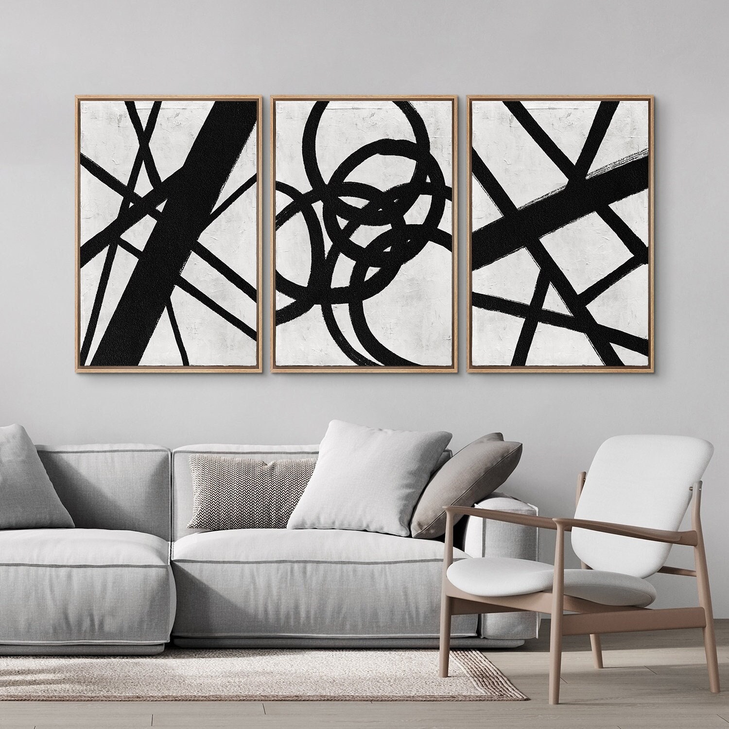 Framed Canvas Wall Art Set, Black and White Line Print, Abstract Decor ...