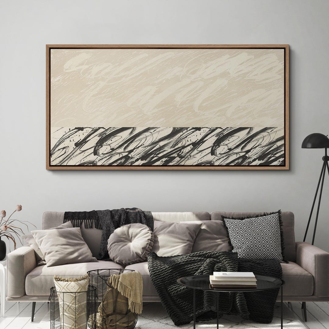 Abstract Black & Beige Brushstroke Wall Art - Large Framed Minimalist ...