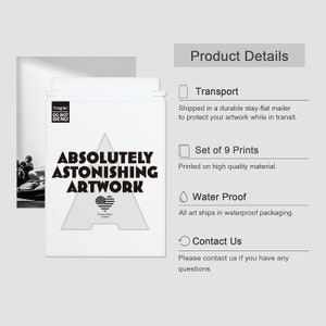 May include: A set of 9 prints with the text "Absolutely Astonishing Artwork" printed on high quality material. The prints are shipped in a durable stay-flat mailer to protect the artwork during transit. The prints are water-proof and shipped in waterproof packaging.
