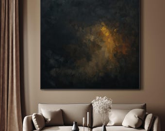 Dramatic Abstract Print - Extra Large Framed Art, Moody Textured Oil Print with Gold Light, Dark Wall Decor for Modern Luxury Interiors