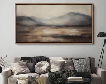 Large Misty Mountain Landscape Print, Framed Canvas Neutral Earth Tones Art, Abstract Rustic Artwork, Serene Nature Wall Decor