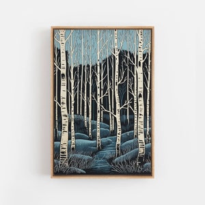 May include: A woodblock print of a forest scene with a path leading through a grove of birch trees. The trees are white with black markings and the background is a dark blue.