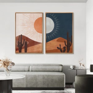 Framed Canvas Wall Art Set 2 Piece, Sun and Moon Cactus Desert Landscape Art, Southwest Western Joshua Tree Pictures Print, Boho Wall Decor