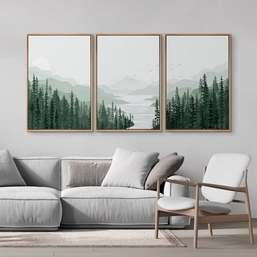 Framed Canvas Wall Art Set of 3 Sage Green Watercolor Mountain Forest ...