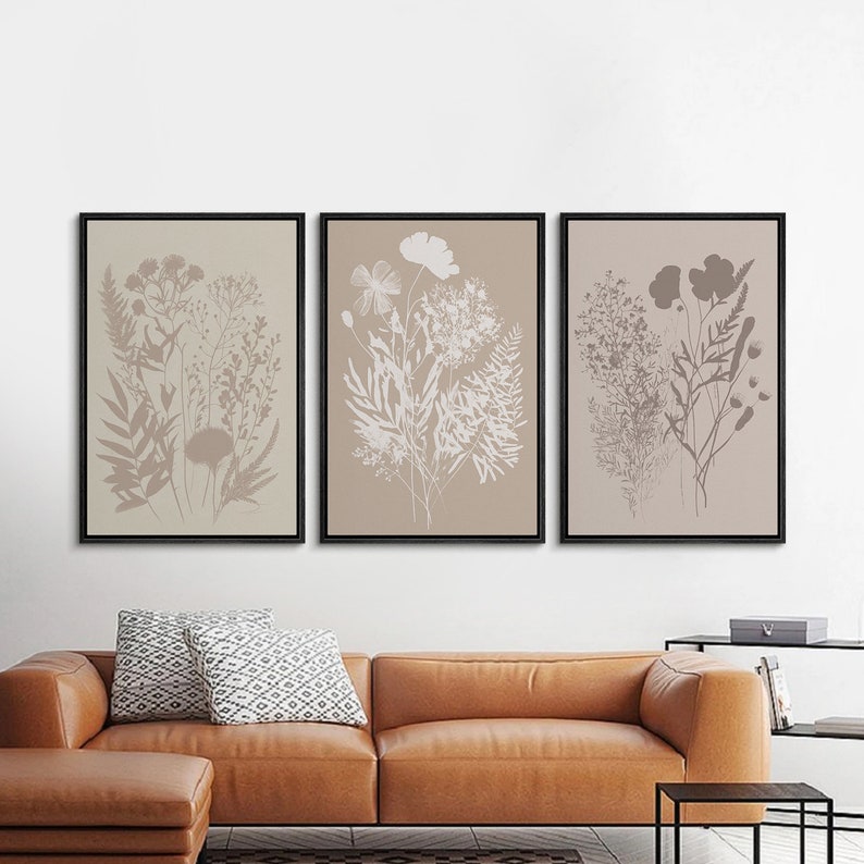 Framed Canvas Wall Art Set of 3 Abstract Wildflower Floral Botanical ...