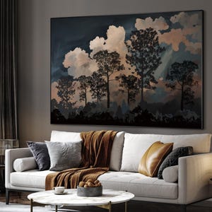 Extra Large Framed Wall Art, Dramatic Forest Silhouette Artwork, Moody Tree Landscape Print with Storm Clouds, Modern Rustic Home Decor
