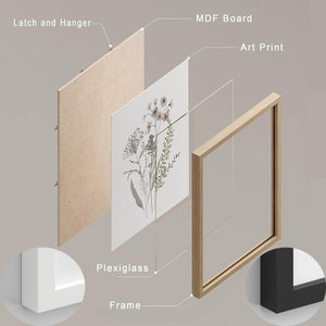 May include: A framed art print with a floral design. The frame is made of wood and has a black finish. The print is protected by a clear plexiglass sheet. The back of the frame is made of MDF board and has a latch and hanger.