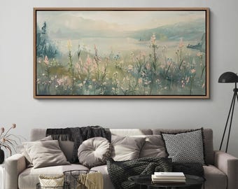 May include: A painting of a landscape with a lake in the background and a field of flowers in the foreground. The flowers are in shades of pink, white, and blue. The lake is a light blue color and the sky is a light gray color.