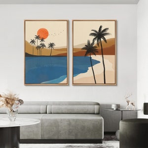 Framed Canvas Wall Art Set of 2 Desert Palm Tree Oasis Landscape Southwest Botanical Print Mid Century Modern Boho WAll Decor