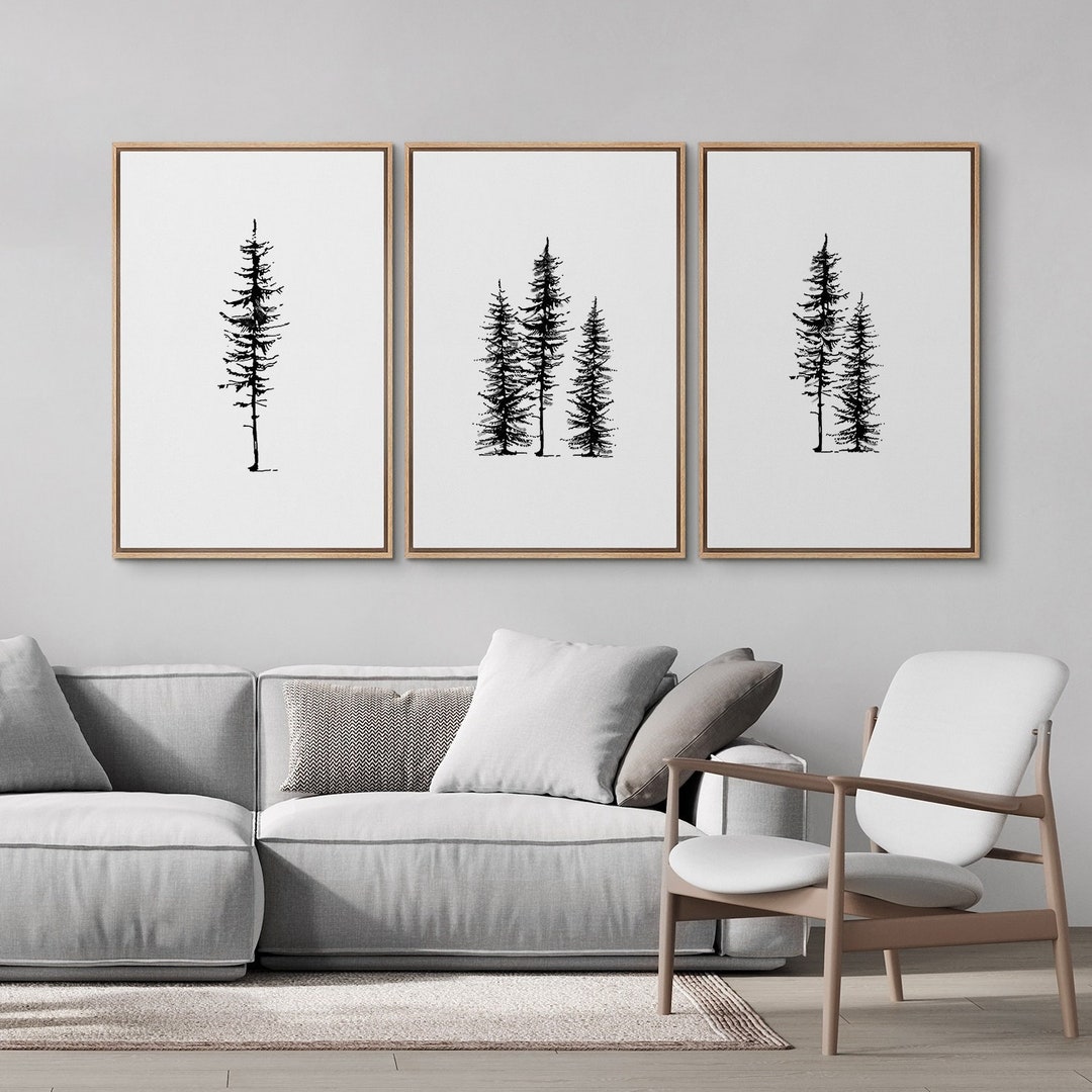 3 Piece Framed Canvas Wall Art Set, Black and White Pine Tree Prints ...