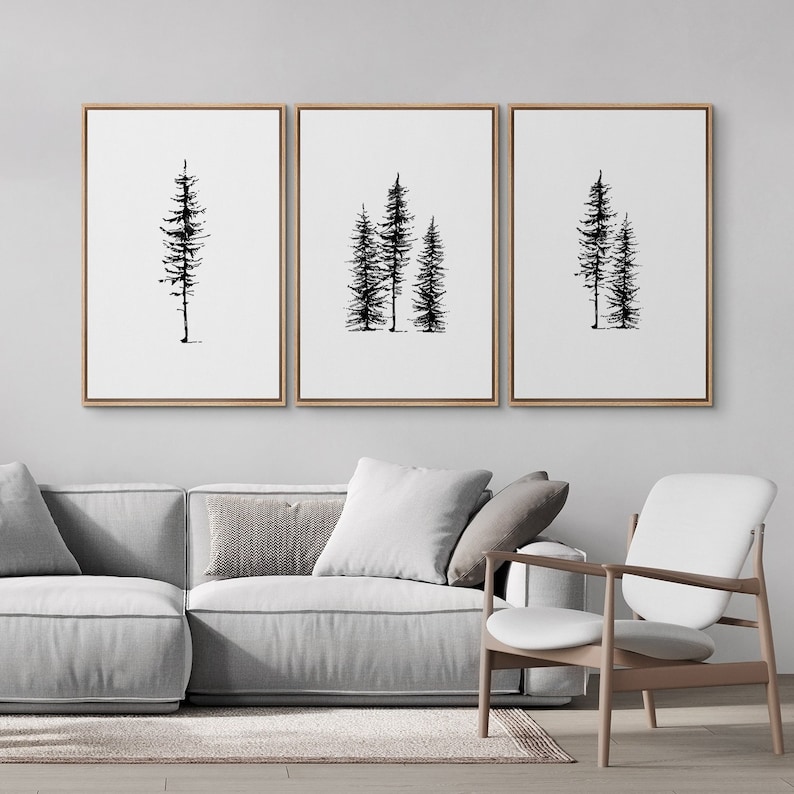 3 Piece Framed Canvas Wall Art Set, Black and White Pine Tree Prints ...