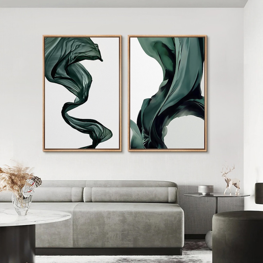 Framed Canvas Wall Art Set of 2, Dark Green Abstract Shapes Print ...