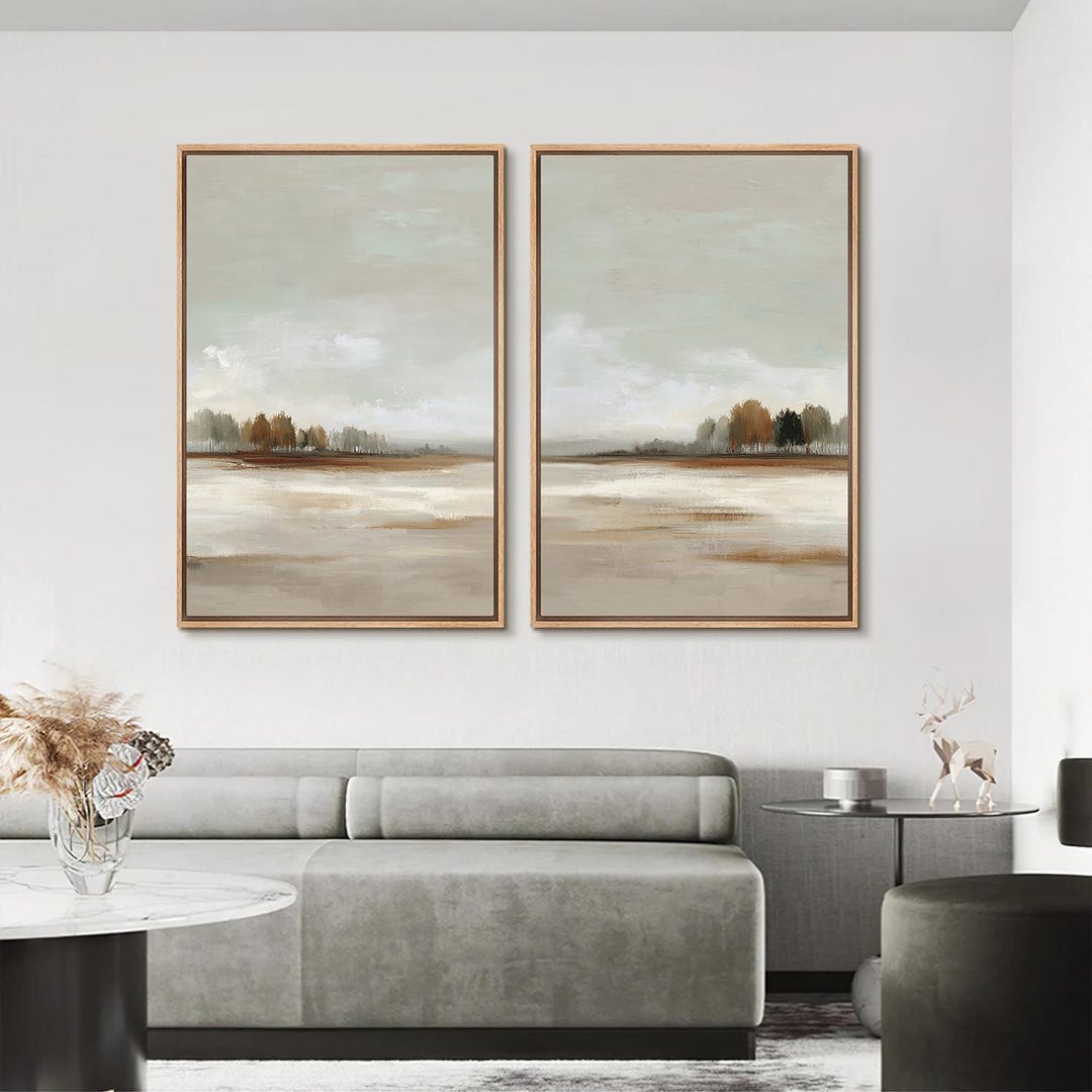 Framed Neutral Landscape Wall Art Set of 2, Soft Meadow Horizon Canvas ...