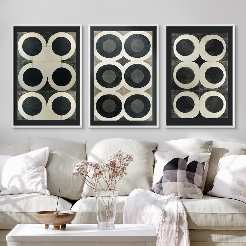 Framed Geometric Circle Wall Art Set of 3, Black and White Abstract ...
