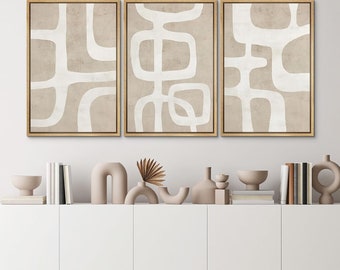 3 Pieces Framed Canvas Wall Art Prints Abstract Beige Brown Geometric Line Art Print Minimalist Modern Neutral Wall Decor