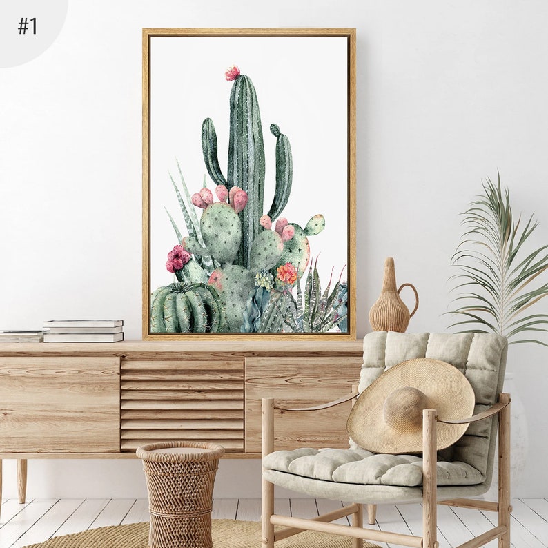 3 Piece Framed Canvas Wall Art Set, Southwest Blooming Cactus Prints, Floral Botanical Art Prints, Minimalist Modern Art, Western Decor 1 piece #1
