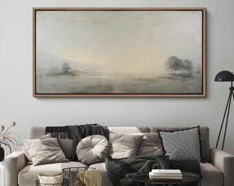 Large Framed Minimalist Misty Landscape Wall Art, Soft Gray Beige Neutral Lake Canvas Print, Calm Modern Decor for Living Room