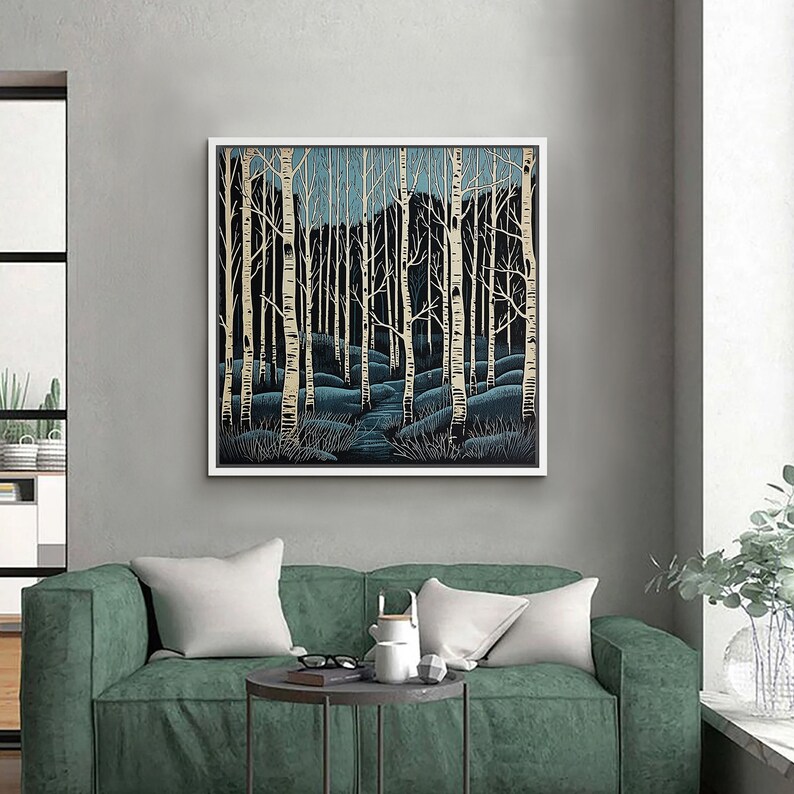May include: A framed print of a stylized forest scene with white birch trees and a blue path leading into the woods.